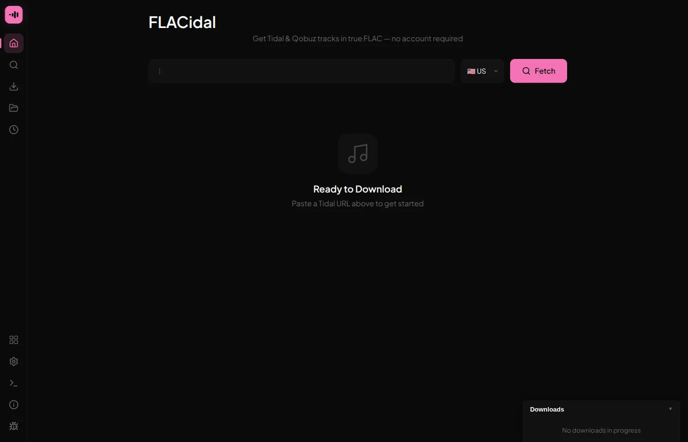FLACidal home tab with URL input